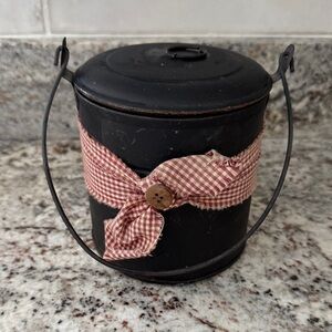 Rustic Black Metal Bucket with Red Gingham Ribbon
